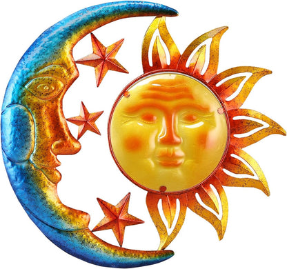 Metal Sun Outdoor Wall Art Decor Large 18 Inch with Moon & Stars, Hanging for Indoor Outdoor Patio Garden Fence Deck Yard Pool Wall Sculpture Decoration for Living Room Bedroom Colorful