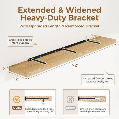Fun Memories 72 Inch Floating Shelf, 12 Inch Deep Wall Shelf for Fireplace Mantel, Deep Storage Shelves for Home & Office, Wall Shelves with Invisible Bracket, Oak, Set of 1