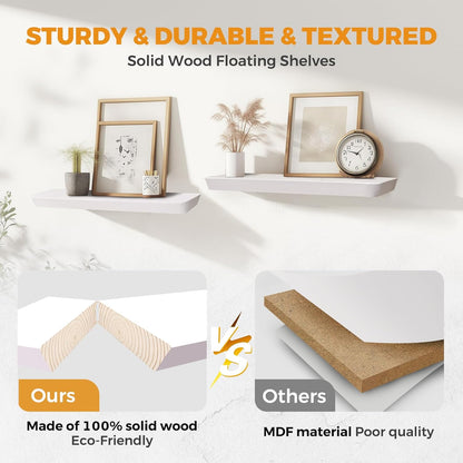 16"x6.8"x1.6" Slanted Floating Wall Shelves 2-Pack - Rustic White Finish, Heavy-Duty Solid Wood Design with Hidden Brackets - Perfect for Living Room, Kitchen, Bathroom, or Office