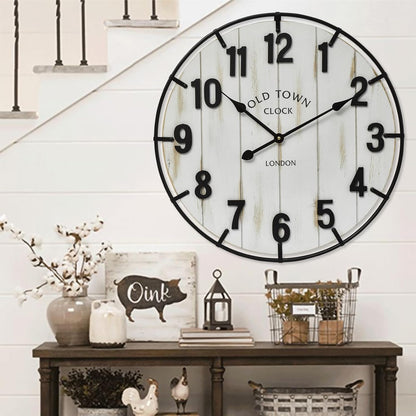 Large Old Town Farmhouse Wall Clock – 24 Inches Rustic Antique Wood with Metal Circle and Large Numerals, Silent Battery Operated Clock for Office, Kitchen, Bedroom, Living Room (Washed White)