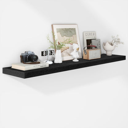 Fun Memories Floating Shelves - 12 Inch Rustic Wooden Wall Shelves - Extra Deeper & Thicker Wall Mounted Storage Shelf for Living Room, Kitchen, Farmhouse - 55" W x 12" D x 1.8" H - Rustic Black