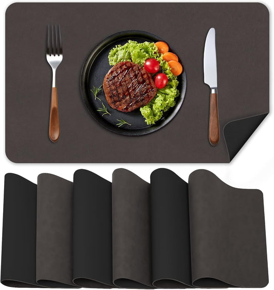 BLESWIN Faux Leather Placemats, PU Dining Table, Waterproof and Oil Resistant Easy to Clean, Heat Resistant Reversible Use Table Mats for Kitchen, Dining Table, Outdoor – 12 × 17 Inch, Coffee&Black