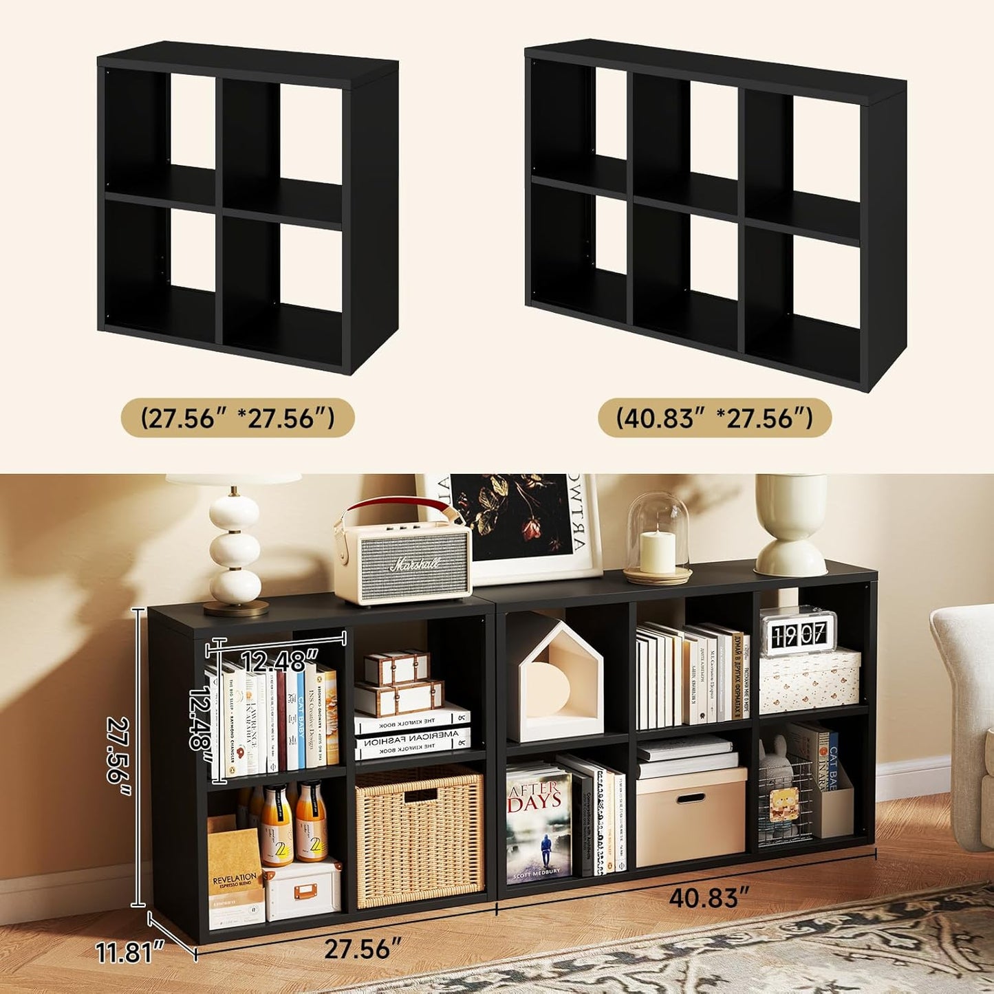 6 Cube Storage Organizer, Black Bookshelf with Storage, 2 Tier Storage Cubes, Freestanding Storage Organizer with Shelves for Living Room, Study