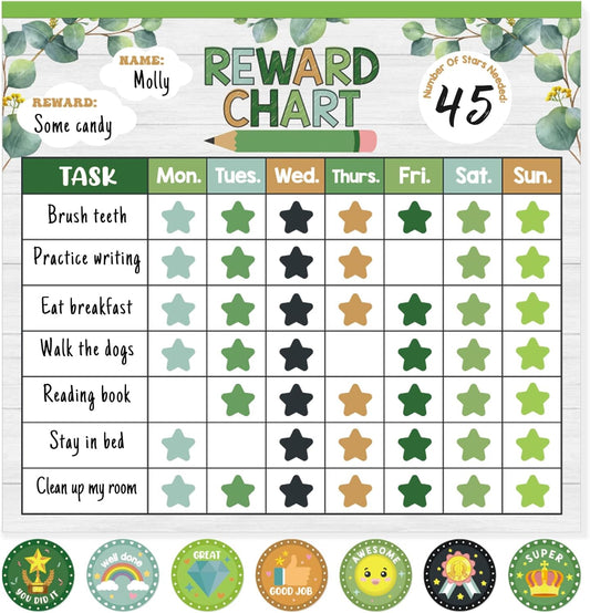 Reward Chart for Kids,Magnetic Behavior Chore Chart for Kids at Home,26 Eucalyptus Chore Charts,1960 Star Stickers,56 Reward Stickers,Incentive Chart to Develop Responsibility and Good Habits,Greenery