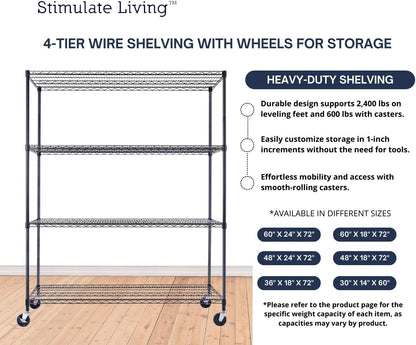 60"x24"x72" PRIME HEAVY DUTY Black 4-Tier Wire Shelving NSF 2400 LBS MAX Capacity Storage Rack for Commercial, School, Home, Garage, Warehouse, Industrial, and Hospital Uses (with Wheels)