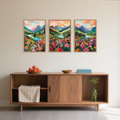 Celestdeco Wildflower Blossom Framed Canvas Wall Art Set, Colorful Flowers Painting, Abstract Landscape Wall Decor, Natural Ridge Floral Art Print for Living Room, Dining Room, Office - 24"x36"x3