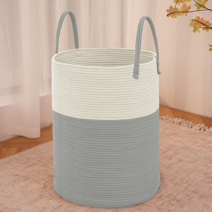 Large Woven Laundry Basket Hamper,100L Cotton Rope Storage Bin for Blankets,Toys and Clothes,Decorative Tall Nursery Hamper for Living Room,Baby Nursery,Bathroom and Bedroom,White and Grey