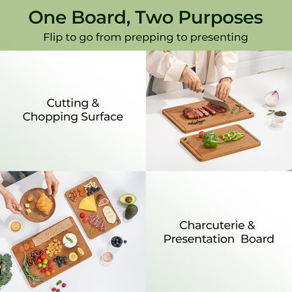Butcher Block 2-Pcs Carbonized Bamboo Cutting Board Set With Juice Groove For Meal Prep & Cheese Serving - Ideal Kitchen Gift Set of 2 (M+L)