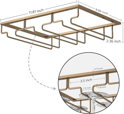 Wine Glass Rack - Under Cabinet Stemware Wine Glass Holder Glasses Storage Hanger 2 Pack Metal Organizer for Bar Kitchen Gold