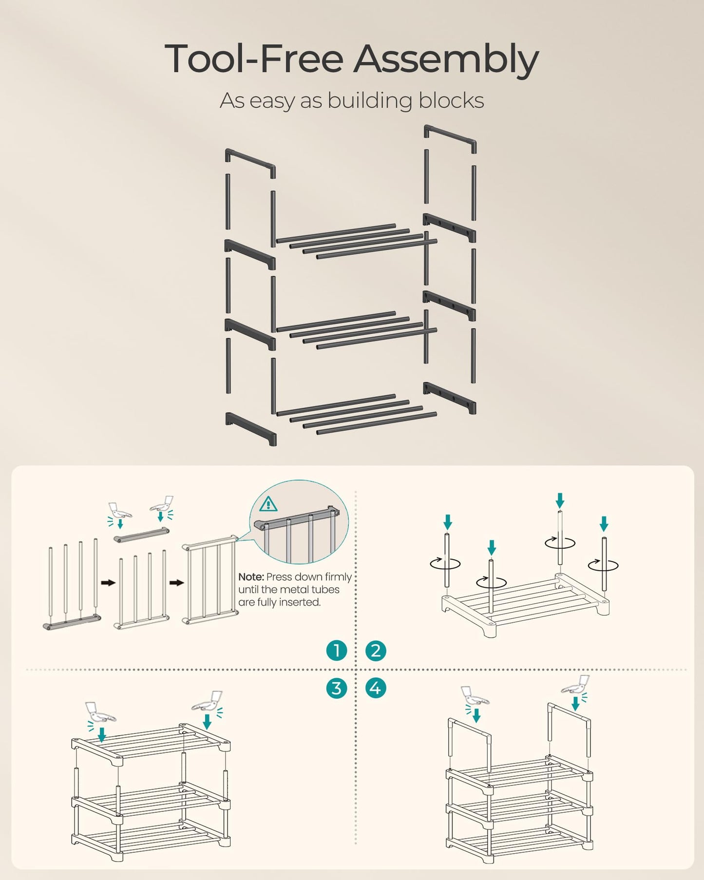 SONGMICS Shoe Rack, 3-Tier Shoe Organizer, Metal Storage Shelf, Upright or Upside Down, for 4-8