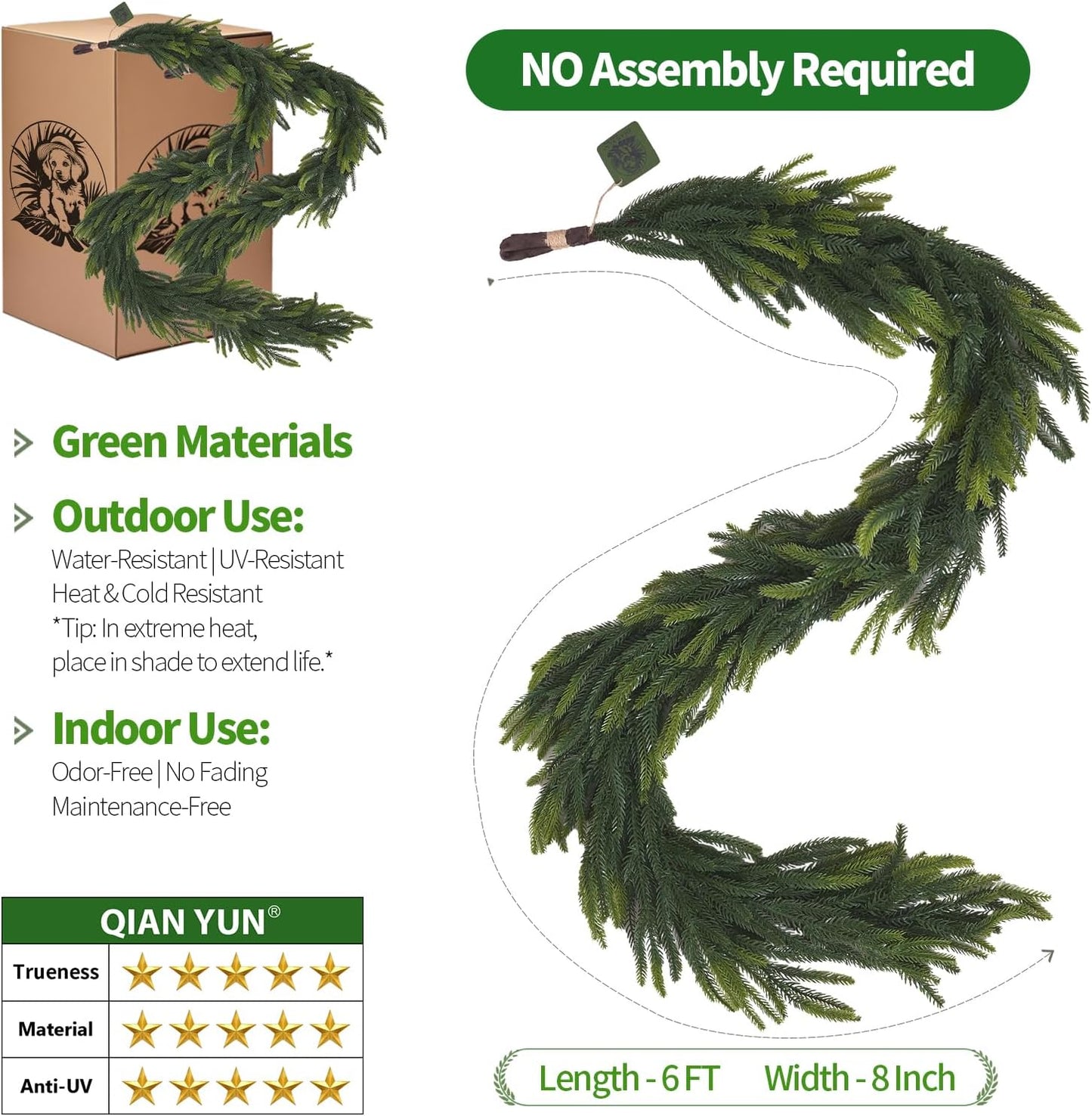 6FT Artificial Norfolk Pine Garland – Real Touch Greenery Garland, Dense Green Plants for Indoor Outdoor Christmas, Holiday, and Home Decoration (2, 6FT-)