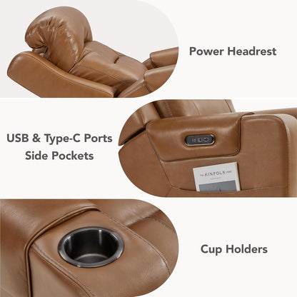 Watson & Whitely Genuine Leather Power Recliner Chairs for Adults, Lay Flat Recliner with Power Headrest, USB Ports and Cup Holders, Electric Reclining Sofa for Living Room, Bedroom, Saddle Brown