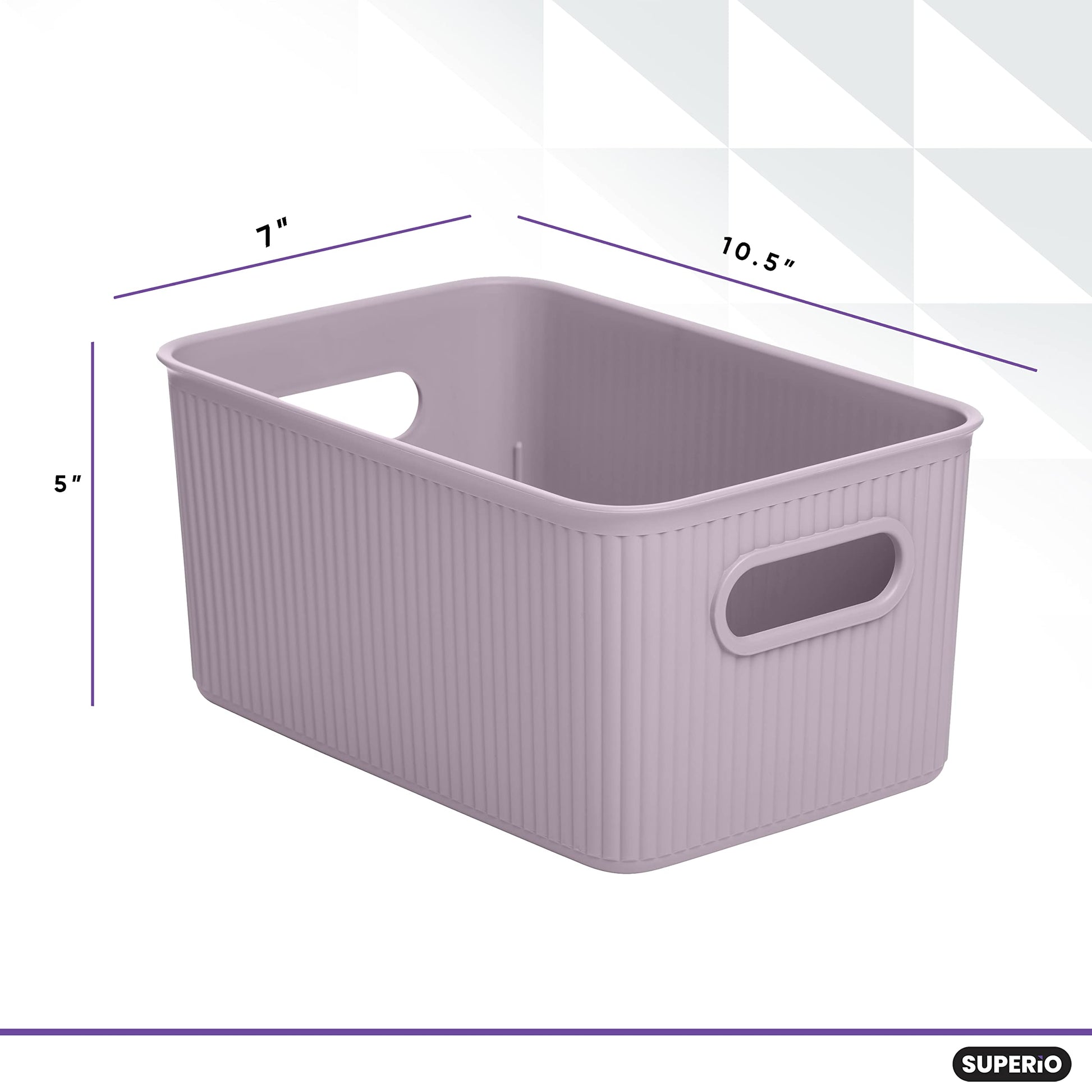 Superio Ribbed Collection - Decorative Plastic Basket Lidded Home Storage Bins Organizer, Medium