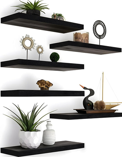 Wood Floating Shelves for Wall Decor, Rustic Wall Shelves for Bedroom Bathroom Kitchen Living Room, Set of 6 Black
