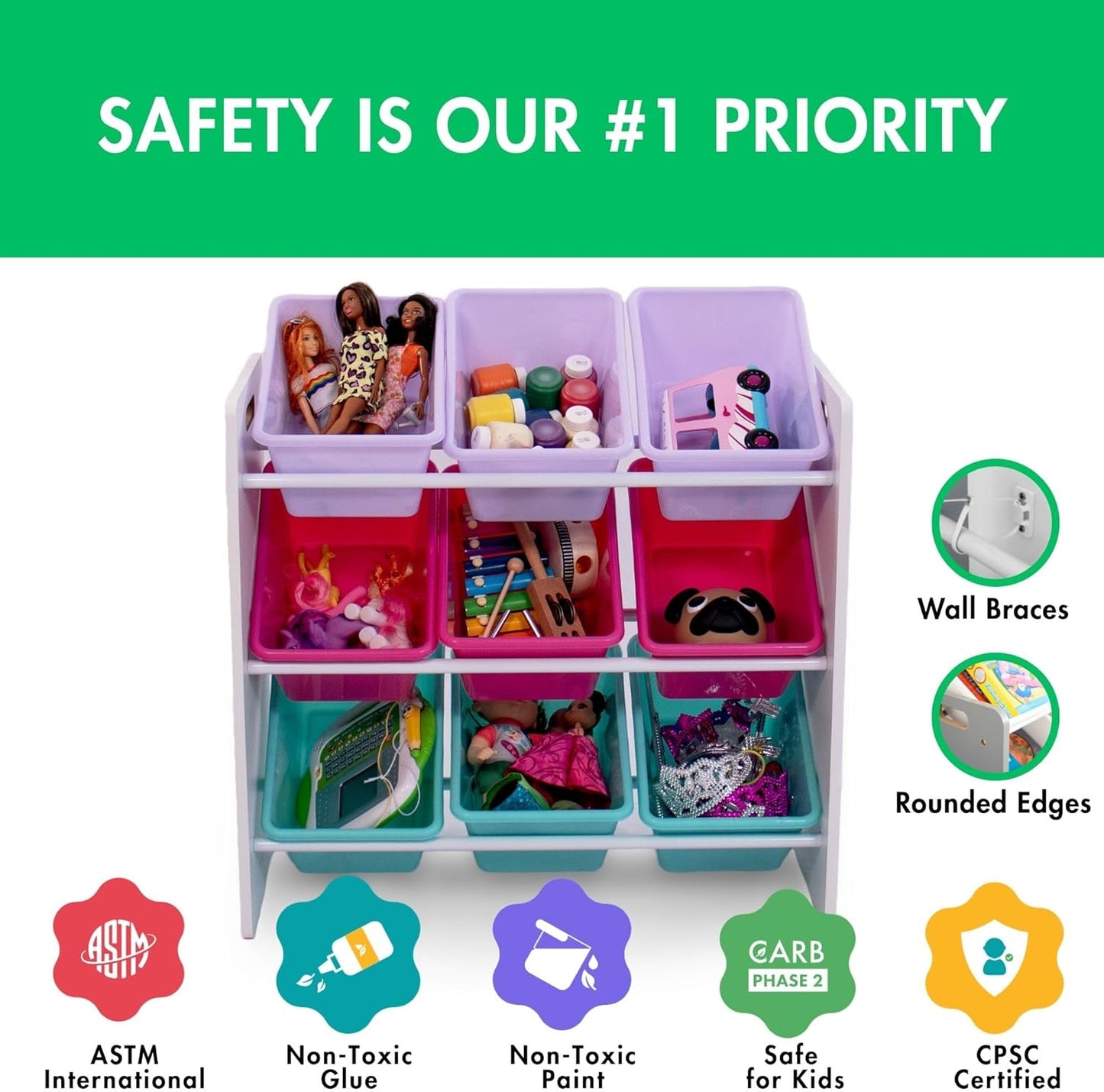 Humble Crew 9-Bin Toy Organizer – Forever Natural White/Pink/Purple/Aqua Plastic Bins, 3-Tier Storage Solution for Kids' Playrooms and Nurseries