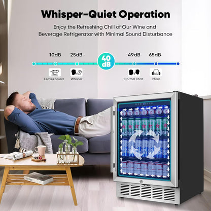 24" Beverage Refrigerator & Cooler, 180 Cans Under Counter Fridge with Lock, Glass Door & Powerful Cooling Compressor - Quiet, Built-in/Freestanding Drink Fridge