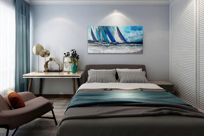 Arjun Blue Abstract Wall Art Canvas Teal Ocean Sailboat Picture Modern Turquoise Coastal Nautical Painting Large 40"x20" Framed Textured Artwork for Living Room Bedroom Bathroom Home Office Wall Decor