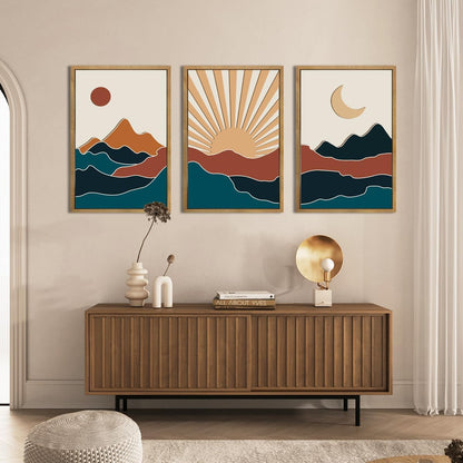Large Boho Mountain Wall Art Set Modern Abstract Bohemian Wood Wall Decor Colorful Mid Century Neutral Artwork Sun and Moon Art Decor for Living Room Bedroom Office-16x24Inch x3