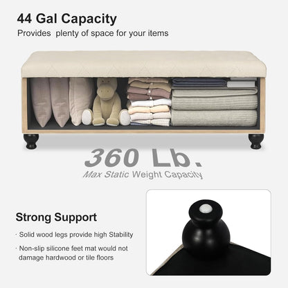 Storage Ottoman Bench 46 Inch Ottoman Bench with Storage Fabric Tufted Benches for End of Bed, Upholstered Ottomans Benches King Size with Hinged Lid for Living Room Bedroom Beige