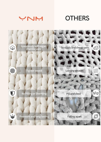 YnM Chunky Throw Blanket, Hand Knitted with Chenille Yarn, Skin Friendly, Ventilated and Breathable, Machine Washable, Home Décor Piece for Couch, Sofa and Bed (Butter Cream, 60x80 Inch)