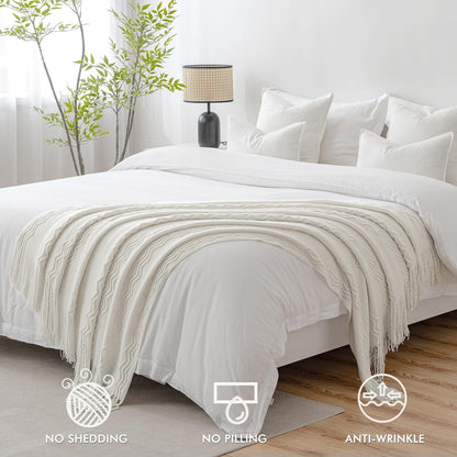 MIULEE Off White Knitted Throw Blanket for Couch Textured Knit Blanket with Tassels Cozy Woven Boho Bed Blanket for Sofa Bed Chair Acrylic Wave Pattern 50"x60"
