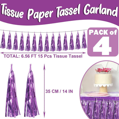 4P Light Purple Foil Fringe Metallic Streamers Banner Tassel Garland for Parade Floats, Bachelorette, Wedding, Birthday, Halloween, Christmas, Bridal/Baby Shower Party Decorations