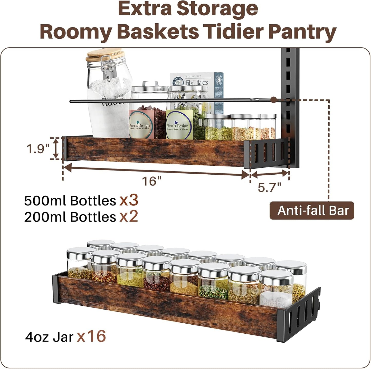 8 Tier Over The Door Pantry Organizer, 2 IN 1 Wall Mount or Metal Hanging Spice Rack for Pantry Organizers and Storage, Seasoning Shelves，Adjustable Basket with Hooks for Kitchen, Bathroom,Laundry