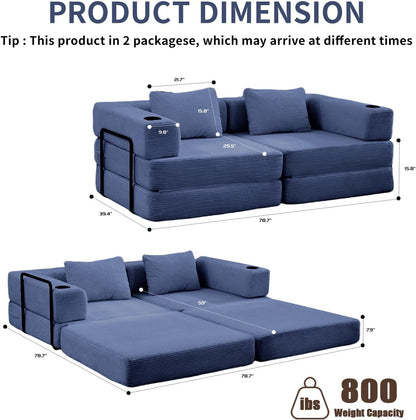 78" W Loveseat Sofa, 4 in 1 Convertible Floor Sofa Bed, Boneless Cloud Couch with Cup Holder, Fold Out Floor Couch, Loveseat Recliner Sleeper for Living Room Bedroom Lounge(Corduroy, White)