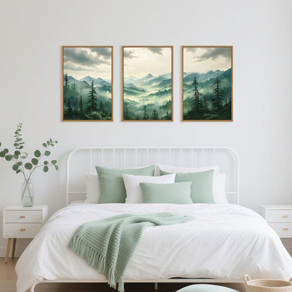 Celestdeco Green Foggy Mountain Framed Canvas Wall Art Set, Misty Forest Wall Decor, Watercolor Pine Tree Wall Painting, Large Nature Landscape Art Print for Living Room, Bedroom, Office - 24"X36"X3