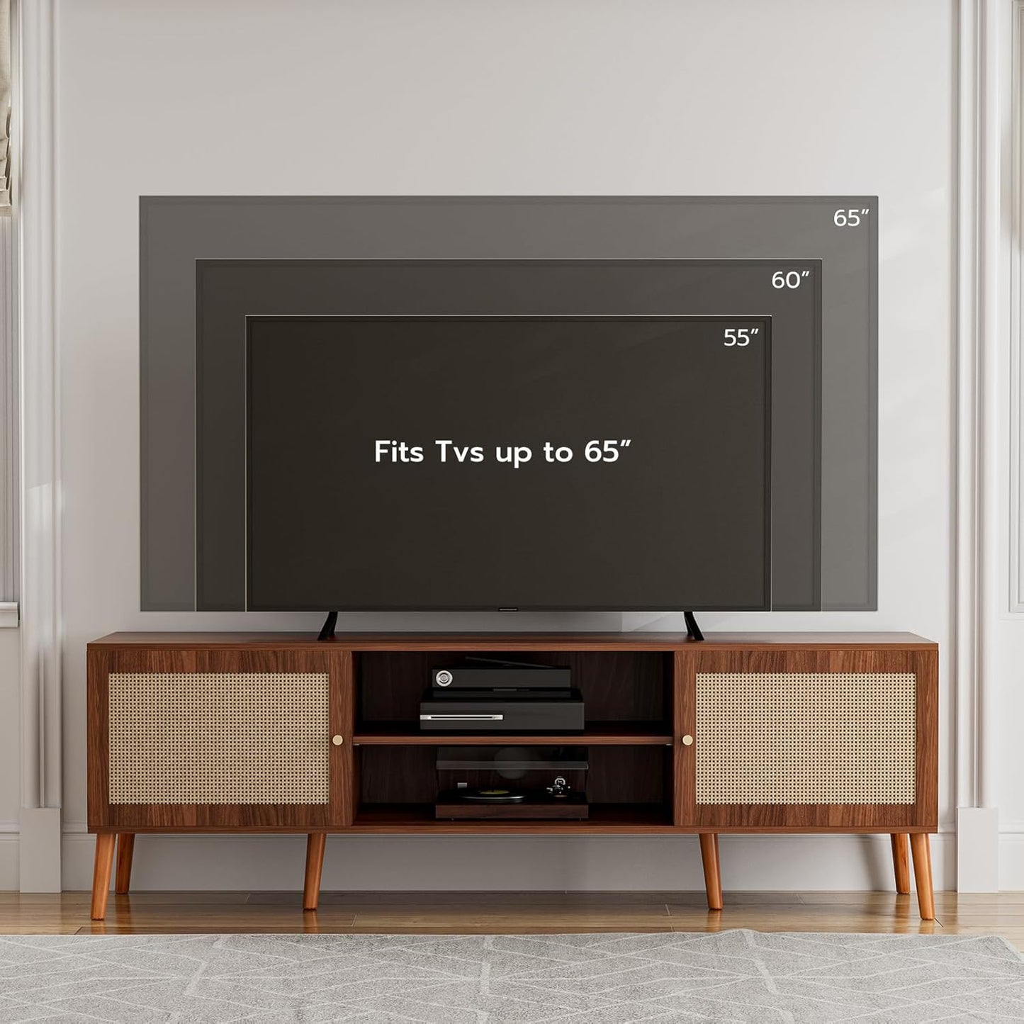 TV Stand for TVs up to 65'', Entertainment Center With Rattan Door, Shelves & 2 Cabinets, Long Boho Media Console for Living Room, Walnut