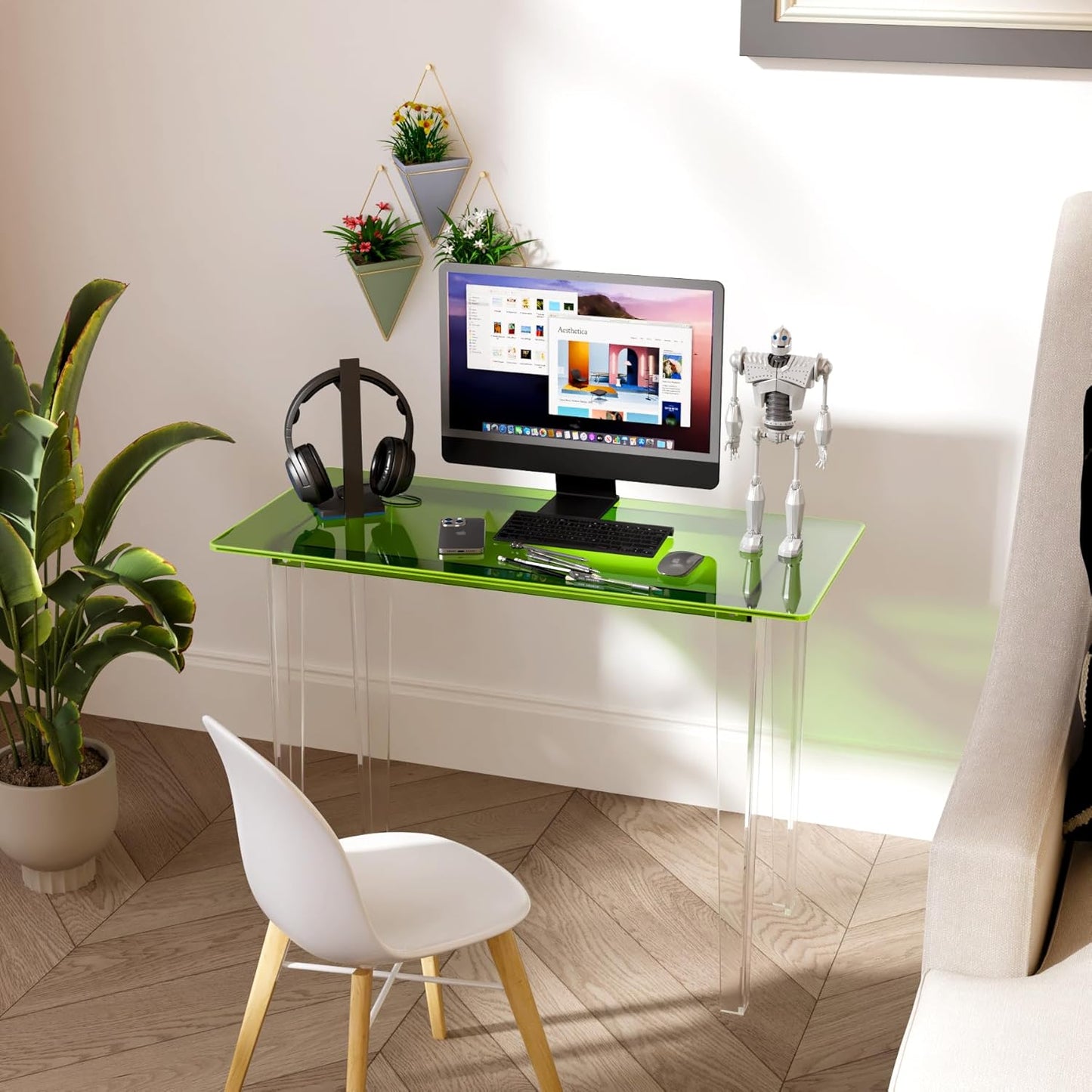 Acrylic Desk, Modern Study Table for HomeOffice-Extended Surface Multi-Purpose Console & EntrywayTable, Sturdy Lightweight Design (42.5-inch, Green)