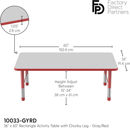 Factory Direct Partners FDP Rectangle Activity School and Classroom Kids Table (36 x 60 inch), Toddler Leg, Adjustable Height 15-24 inches - Gray Top and Red Edge