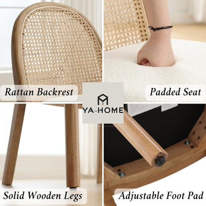Mid Century Dining Chairs Set of 4, Accent Rattan Side Chairs Sherpa Fabric Kitchen Chair with Solid Wooden Legs for Living Room Dining Room, White