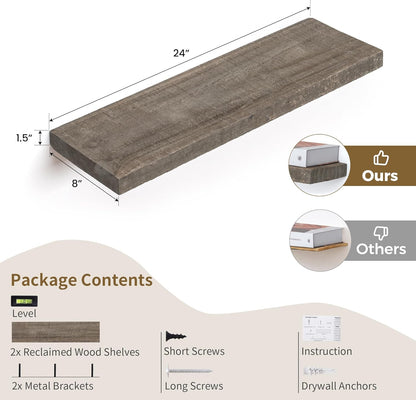 Floating Shelves, 8 Inch Deep Rustic Solid Reclaimed Wood Wall Shelves for Storage, Wall Mounted Display Shelving with Invisible Heavy-Duty Metal Bracket, 24 Inch Width Set of 2, Cement Grey