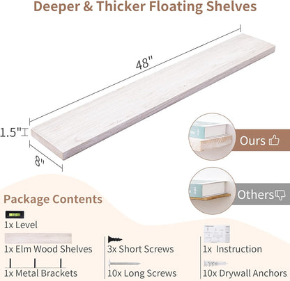 Axeman Floating Shelves for Wall, Rustic Elm Wood 48''W x 8" D Wall Shelf with Invisible Bracket, Large Long Wall Mounted Storage Shelves for Living Room, Bedroom, Kitchen, Bathroom Decor, White Wash