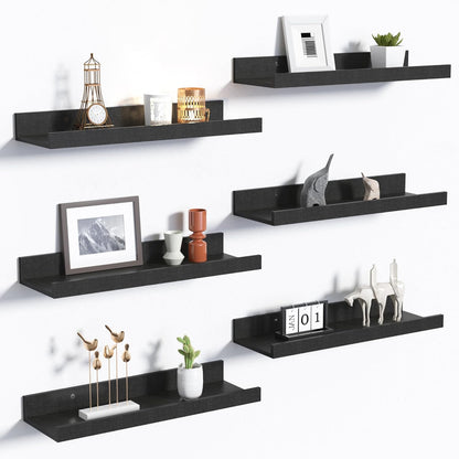 upsimples Floating Shelves for Wall, Wall Shelves for Decor Storage Set of 6, Wall Mounted Wood Shelf for Bedroom, Living Room, Bathroom, Kitchen, Picture Ledge Shelf, Black
