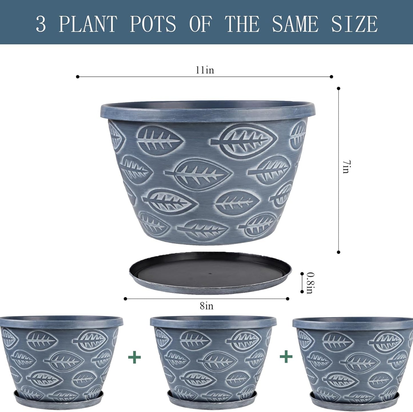 Outdoor Flower Pots for Plants Set of 3 Pack 11 Inch Planter Pot, Large Plastic Plant Pots Indoor Plants with Drainage Holes & Trays, Modern Decorative Garden Containers Sets for House(Blue)