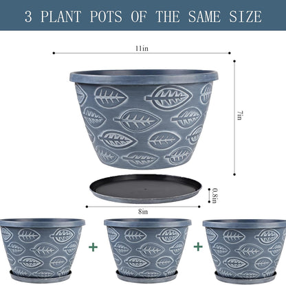 Outdoor Flower Pots for Plants Set of 3 Pack 11 Inch Planter Pot, Large Plastic Plant Pots Indoor Plants with Drainage Holes & Trays, Modern Decorative Garden Containers Sets for House(Blue)