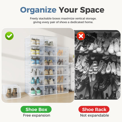 DUMOS Shoe Storage Boxes, 12-Pack Stackable Clear Shoe Containers with Lids, Display Sneaker Case