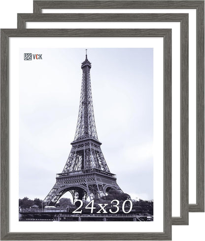 VCK 24x30 Frame Set of 3, Gray Solid Wood Poster Picture Frame, Exclusive Wood Grain, Wall Mounting Hanging