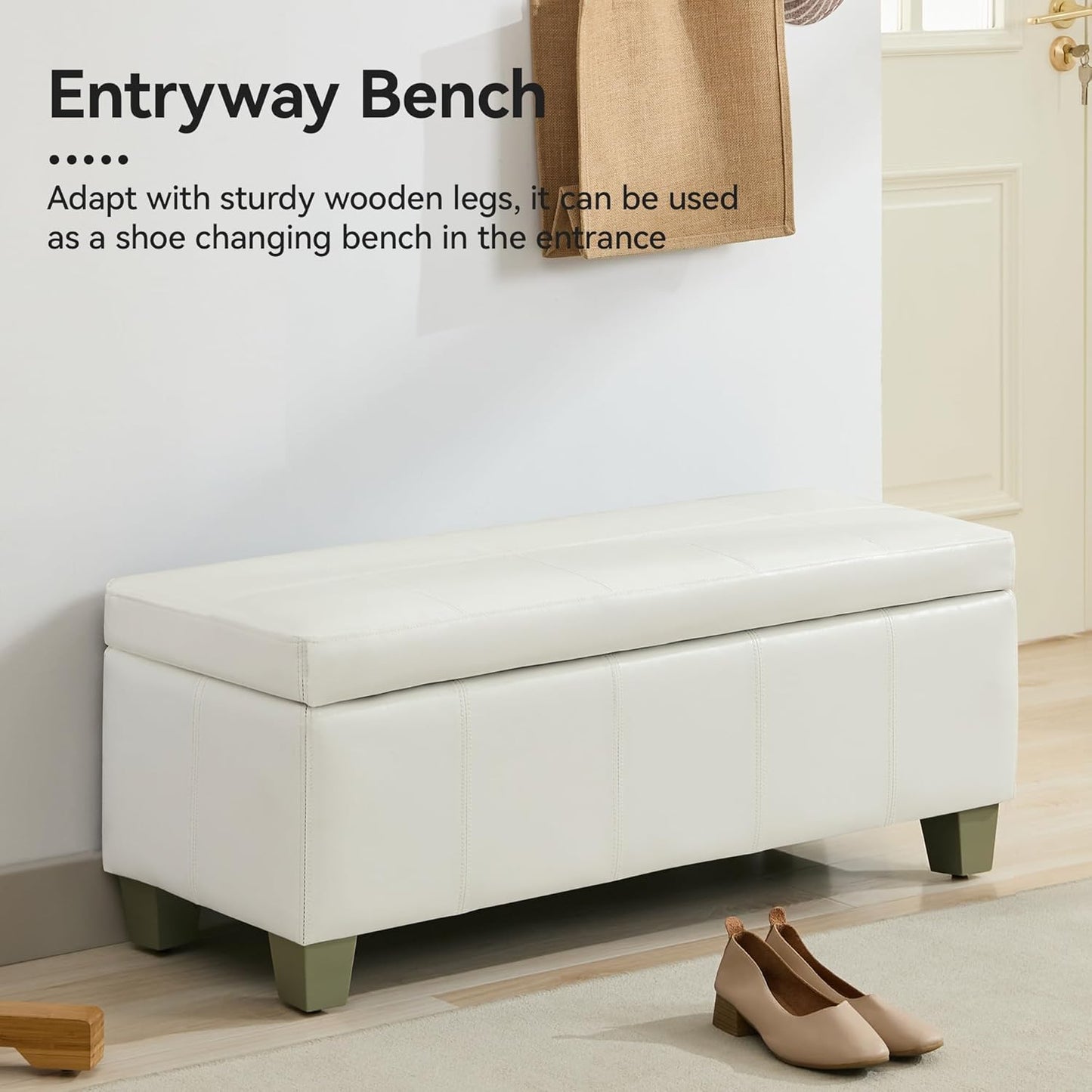 51" Faux Leather Storage Ottoman, Stitch Tufted Rectangle Upholstered End of Bed Storage Bench, Entryway Large Couch Ottoman with Wooden Legs,White