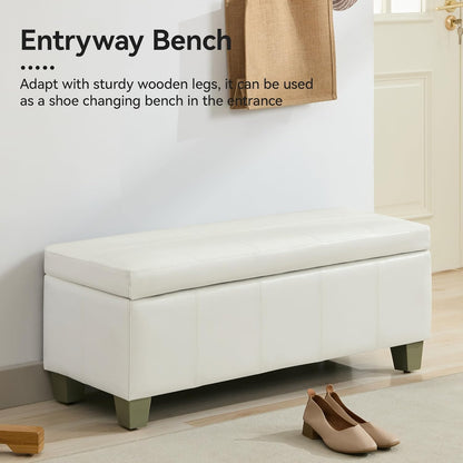 51" Faux Leather Storage Ottoman, Stitch Tufted Rectangle Upholstered End of Bed Storage Bench, Entryway Large Couch Ottoman with Wooden Legs,White