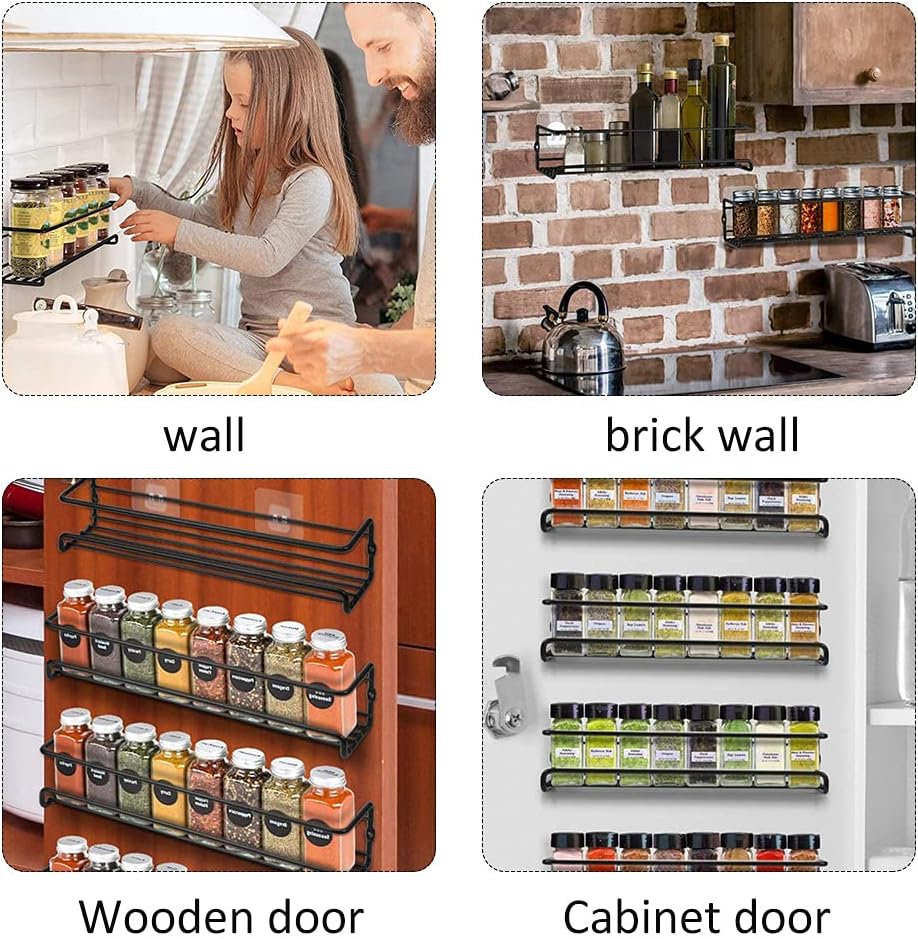 Spice Rack Organiser Hanging Spice Shelves Carbon Steel Wall Mount Spice Rack Kitchen Storage Racks Storage Spices and Condiments Spice Jars for Kitchen Cabinet Cupboard Pantry Door (4)