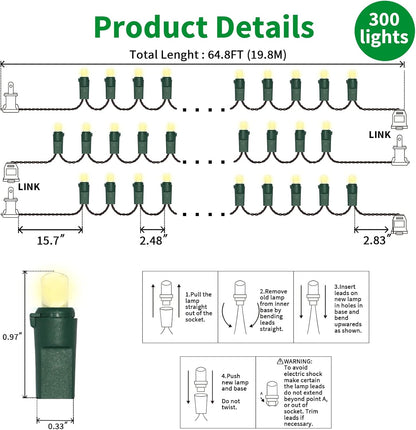 Warm White Wide Angle LED String Lights, 64.8 Ft 300 Count, Pack of 3 Strands 21.9 Ft 100 Lights UL Certified Commercial Grade Green Wire 5mm Holiday String Light