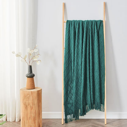 inhand Knitted Throw Blankets for Couch and Bed, Soft Cozy Knit Blanket with Tassel, Blue Lightweight Decorative Blankets and Throws, Farmhouse Warm Woven Blanket for Men and Women, 50"x60"