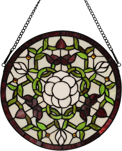 Handcrafted Stained Glass Window Panel - 12-Inch Round Floral Design with Vibrant Colors, Elegant Decorative Hanging Art for Home Décor, Includes 20-Inch Chain & Hook (Green iris)