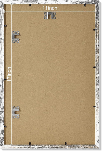 Vittanly 11x17 Picture Frames Set of 9, Shatter Resistant Plexiglass, Display 8x12 Pictures with Mat or 11x17 without Mat, Photo Frames for Wall Mount, Engineered Wood, Distressed White