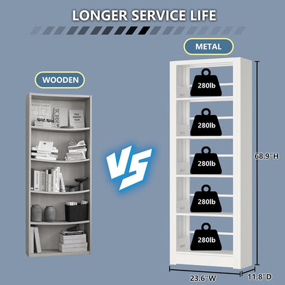 Skinny Bookshelf, 5-Tier Narrow Bookcase, 69” Tall Slim Book Shelf, Heavy Duty Book Case with Adjustable Shelves, Corner Thin Book Shelf for Heavy Books, Office, Home, Library (White)