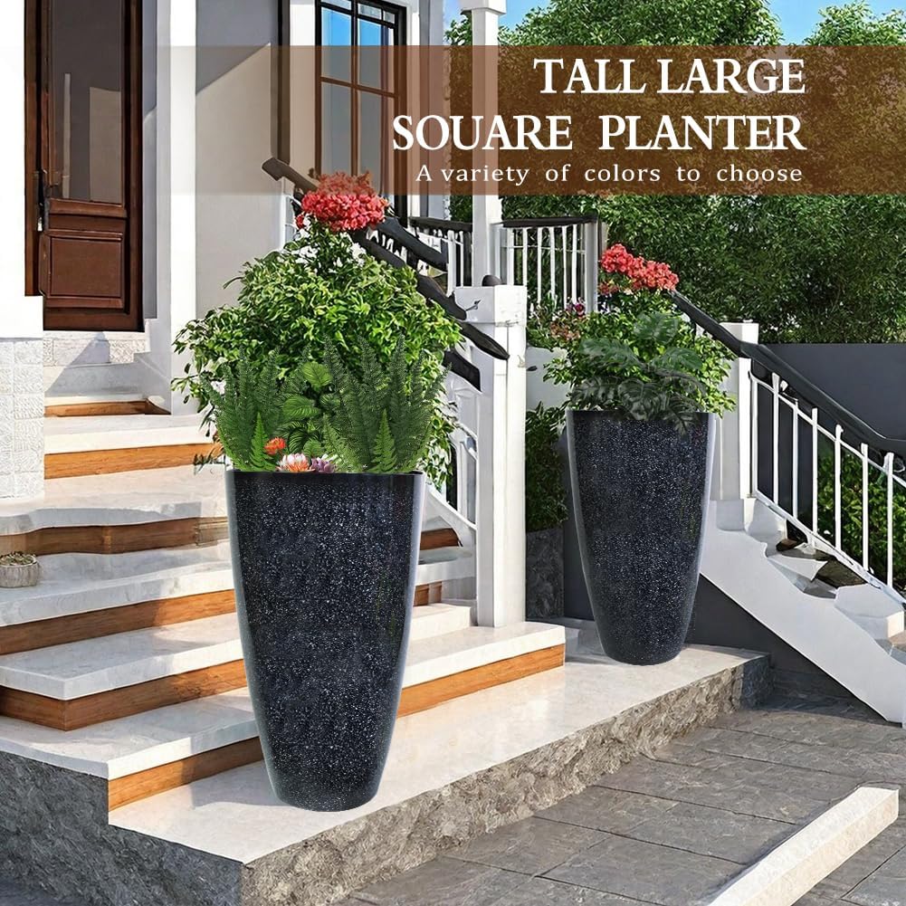 2 Pcs Pack 21 Inches Plastic Resin Tall Tapered Planter Pots Large Round Planter Flower Pot with Drainage Holes for Indoor Outdoor Deck Porch Garden Home Patio Front Door (Black, L)