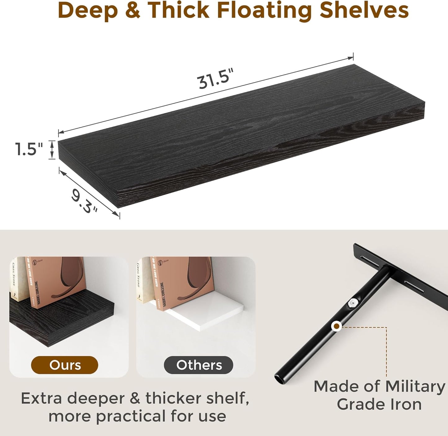 Fun Memories Black Floating Shelves 32 Inch Long, 9 Inch Deep Floating Bookshelf Wall Mounted, Farmhouse Wood Shelves White for Bathroom, Living Room, Bedroom, Home Decor Deep Shelf for Wall Set of 2